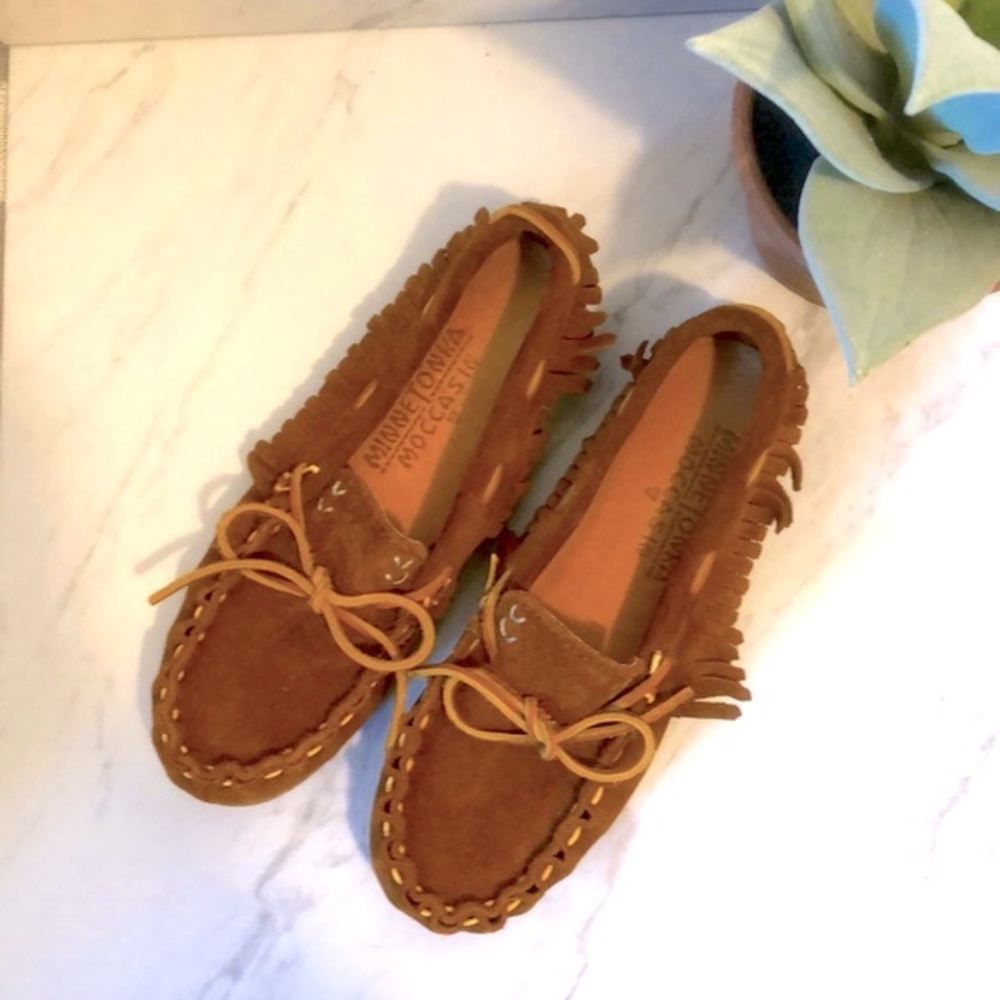 MINNETONKA-Cognac Brown Boho Suede Leather Fringe Moccasins-Size 7
